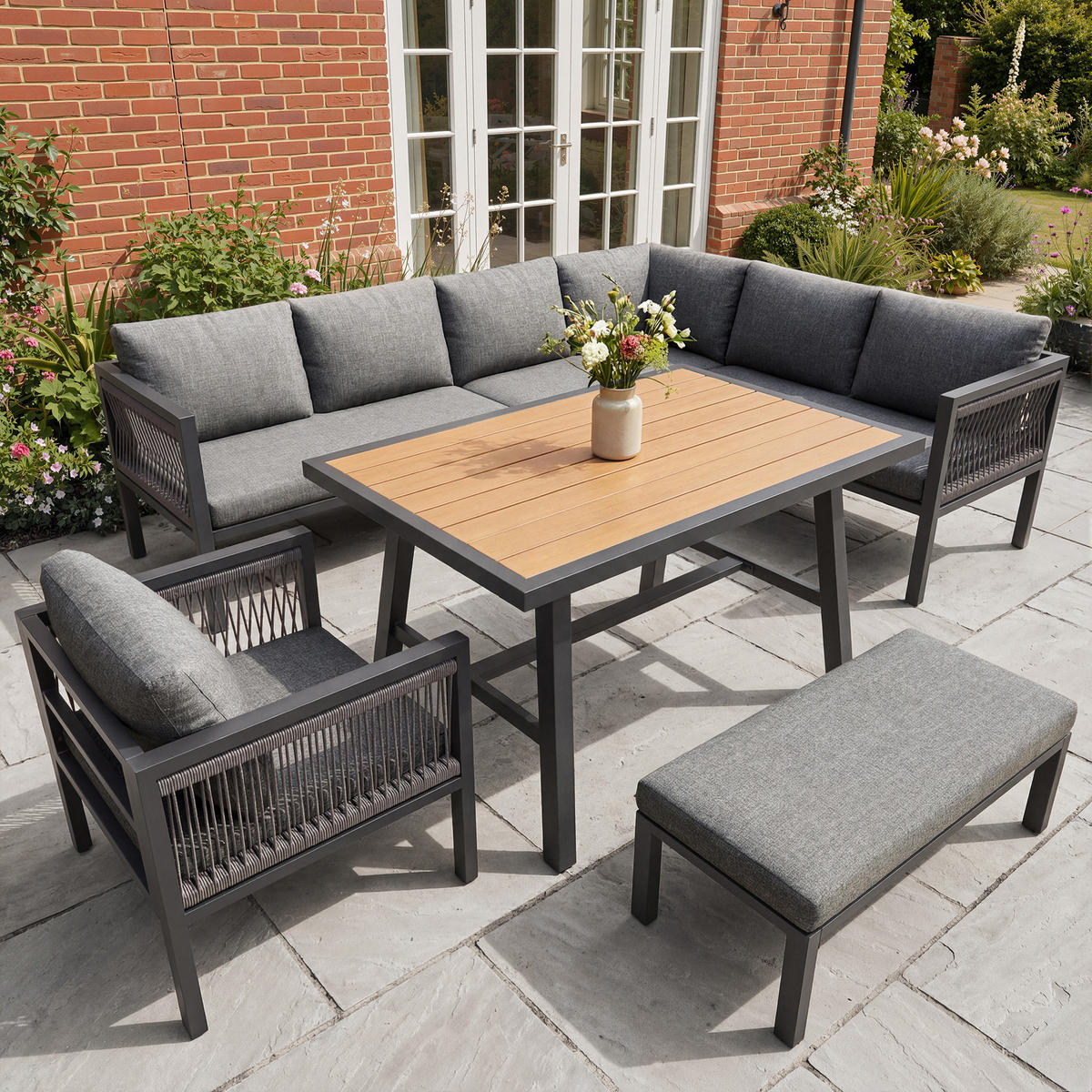 GARTENLOUNGE 6tlg Grau Beige Ecksofa Tisch Hocker wetterfest - Grau, Metall - FLIEKS