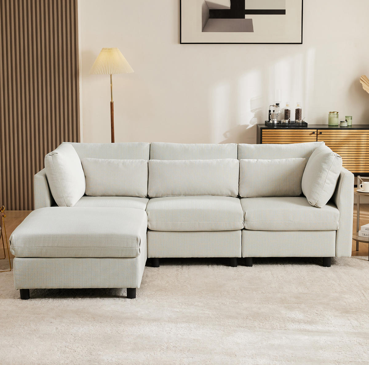 ECKSOFA 220/83/81 cm beige aus Leinen mit Fußhocker - Beige, Textil (83/220cm) - OKWISH