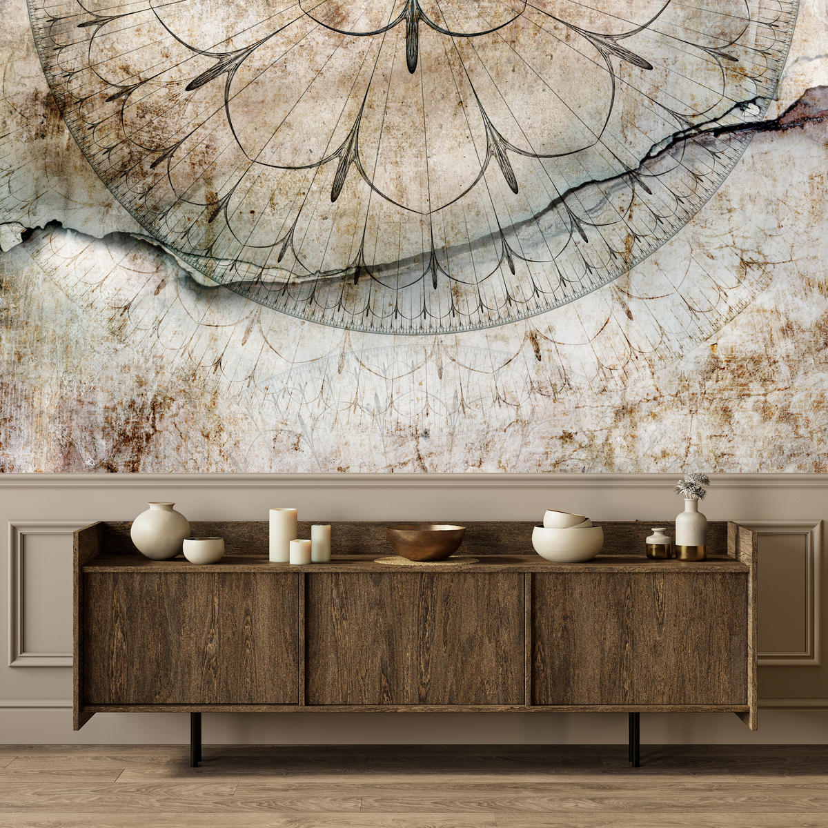 FOTOTAPETE für Büro Industrial Rad Mandala Beton Abstrakte Komposition 400x280 - Beige/Schwarz, Papier (400/280cm) - Muralo