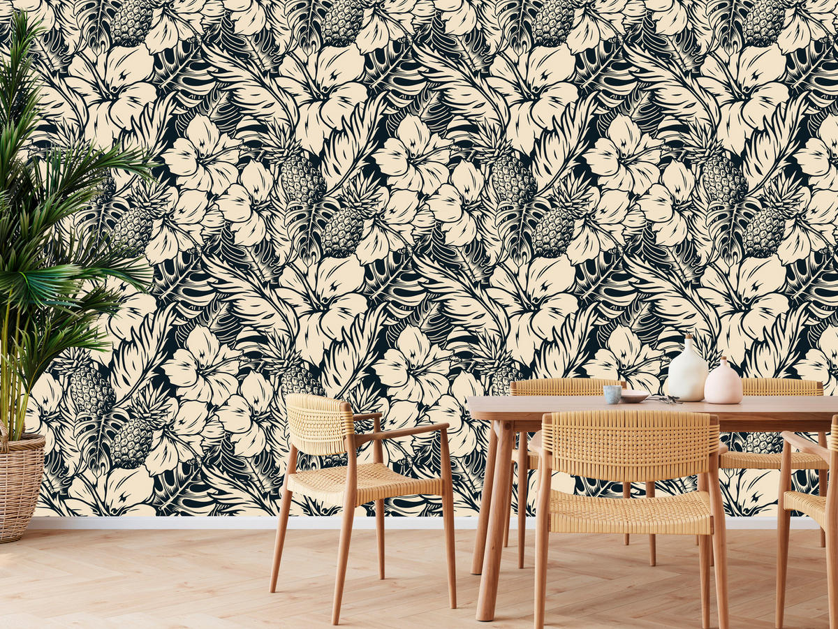 VLIESTAPETE Tropische Blüten und Ananas – Schwarz, Creme – 50x1000 cm - Creme/Schwarz, Papier (50/1000cm) - Muralo