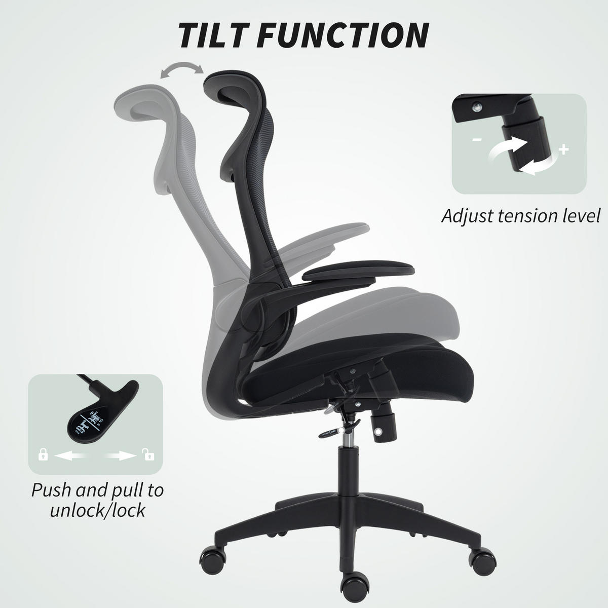 KANCELÁŘSKÁ ŽIDLE s 3D opěrkami, síťovým potahem a opěrkou hlavy, ergonomická - černá, textil/plast (64/118/65cm) - HOMCOM