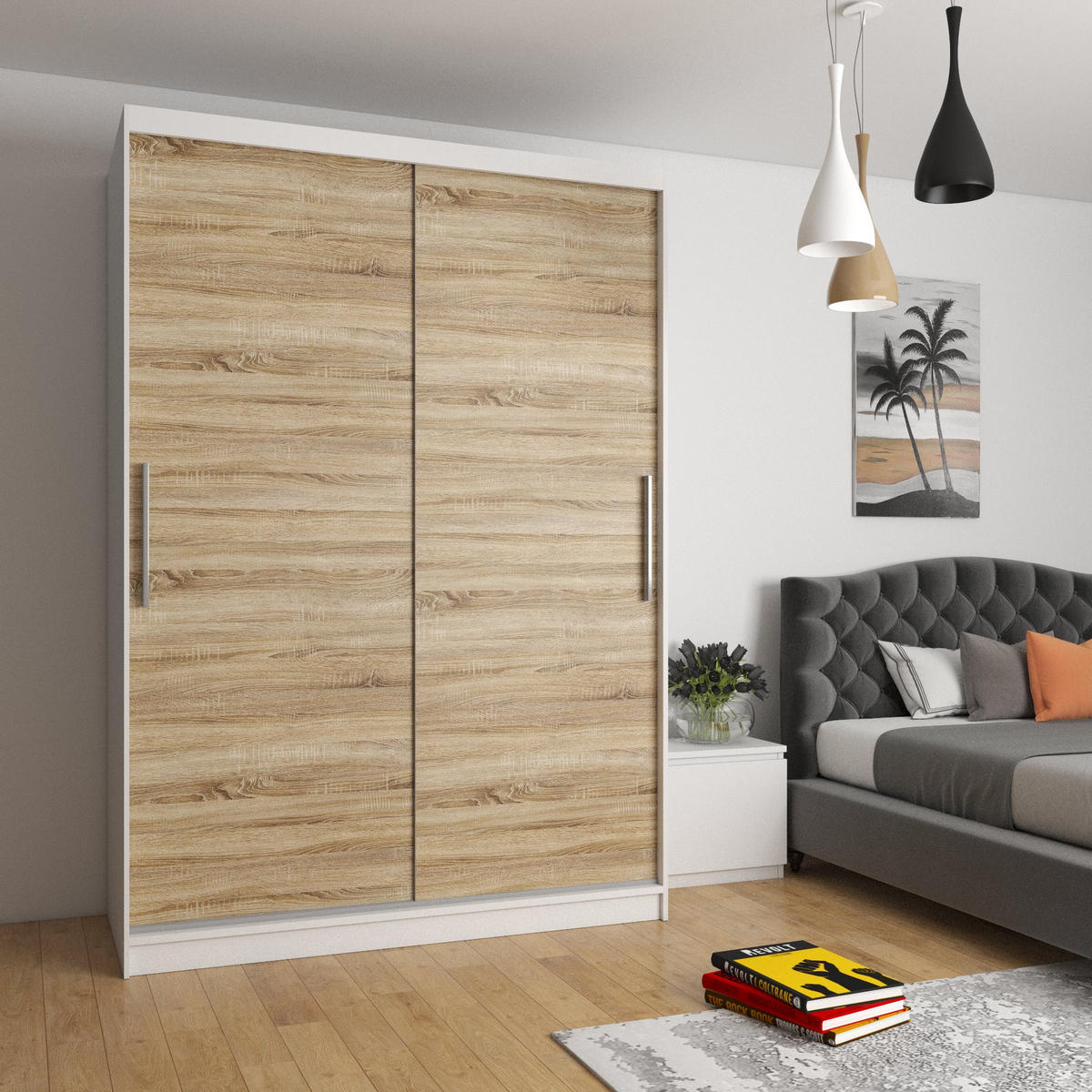 SCHWEBETÜRENSCHRANK Verona SI, Weiß/Sonoma Eiche Matt, 133 cm - Sonoma Eiche, Holz (133/216/60cm) - B BELINI GROUP