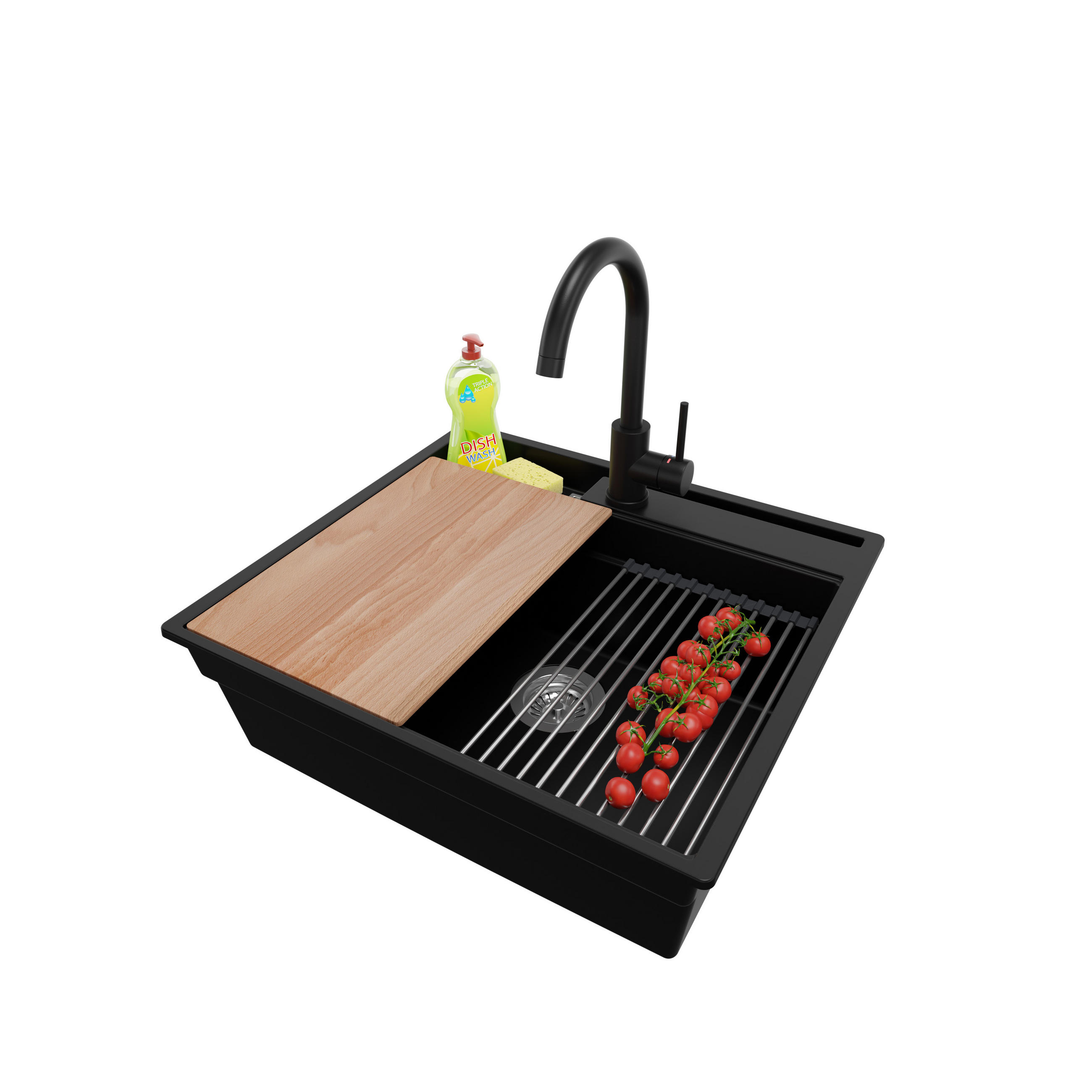 GRANITSPÜLE Oslo Pocket, 2-er set Schwarz 58/53 cm 1 Becken + Küchenarmatur 32/20 cm + Ablauf-Set + Küchenzubehörset ab 60er Unterschrank - Chromfarben/Beige, Kunststoff (58/20/53cm) - Primagran