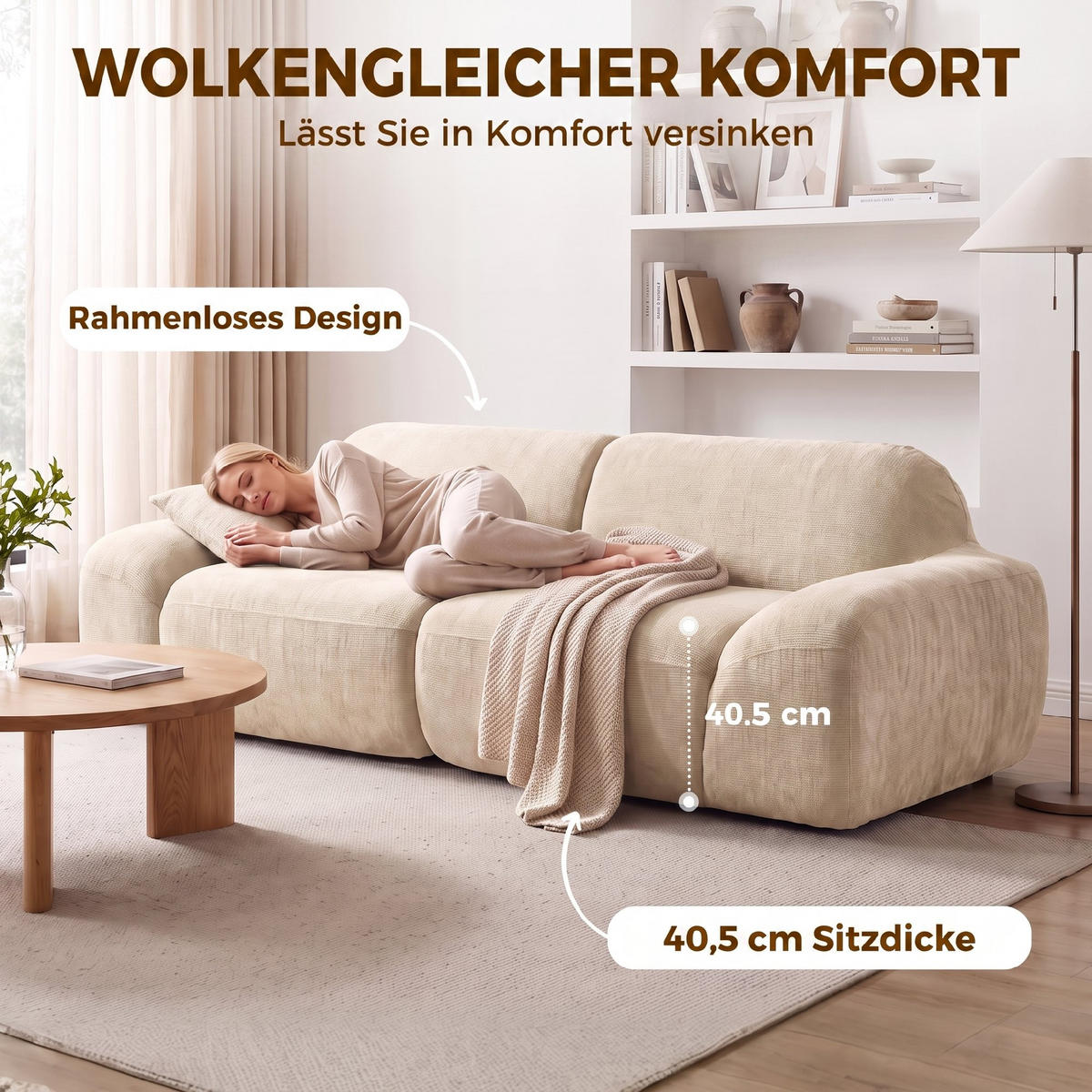 3-SITZER-SOFA Chenille 100 Polyester Schaumstoff Cremeweiß - Creme, Textil (95/70/244cm) - HOMCOM