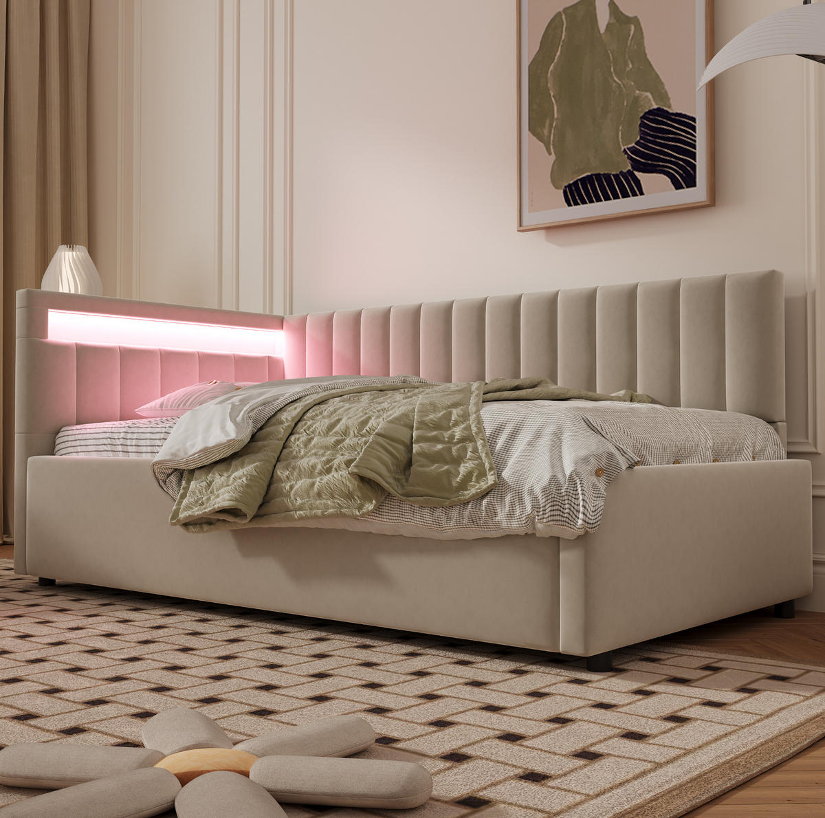 POLSTERBETT mit LED-Beleuchtung 90/200 cm mit Bettkasten in Beige - Beige, Textil (90/200cm) - BEAOK