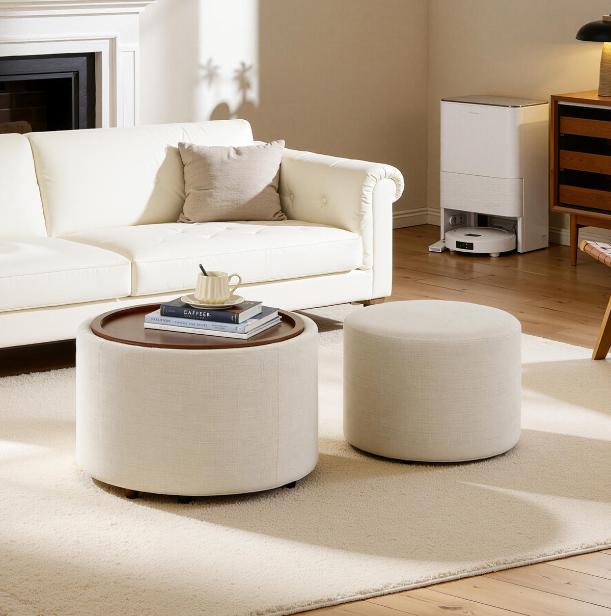 COUCHTISCH aus Leinen 58x58x38 cm in Beige mit Stauraum & Holzablage - Beige, Textil (58/58/38cm) - Modfu