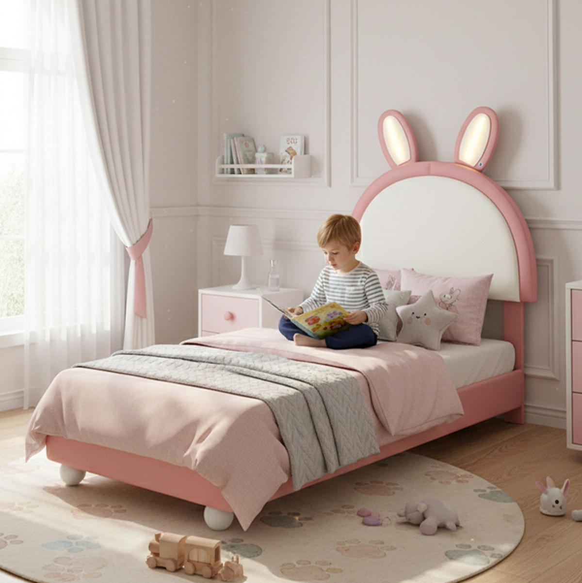 KINDERBETT Polsterbett 90/200 cm aus PU mit LED-Lichtleiste und Hasen-Kopfteil Rosa/Weiß - Weiß, Kunststoff (90/200cm) - Modenvie