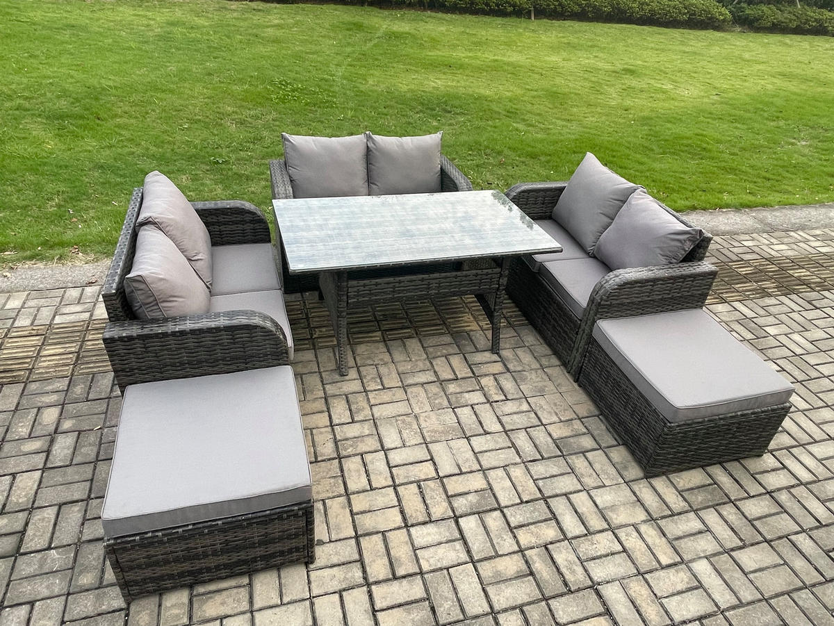 GARTENGARNITUR mit Zweisitzer,2 Hockern Polyrattan Dunkelgrau 8-Sitzer - Dunkelgrau/Grau, Glas/Kunststoff - Fimous