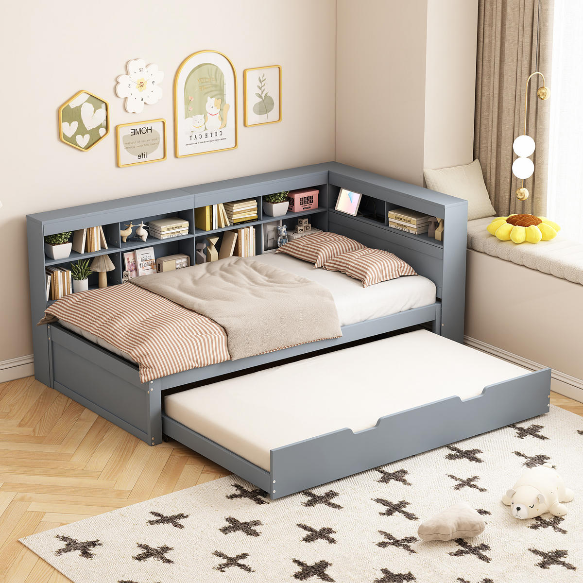 MULTIFUNKTIONSBETT 90/200 cm Grau mit USB-Buchse und Stauraum aus Massivholz - Grau, Holz - OKWISH