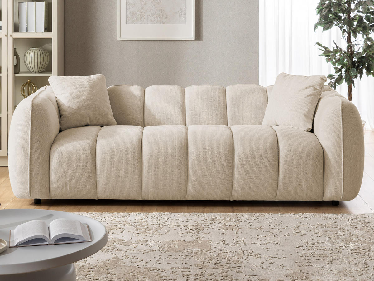 3-SITZER SOFA Nubira in tief gesteppter Bubble-Optik aus weichem Hellbeige Strukturstoff im modernen Design - Beige/Schwarz, Holz/Kunststoff (228/69/89cm) - S-Style Möbel