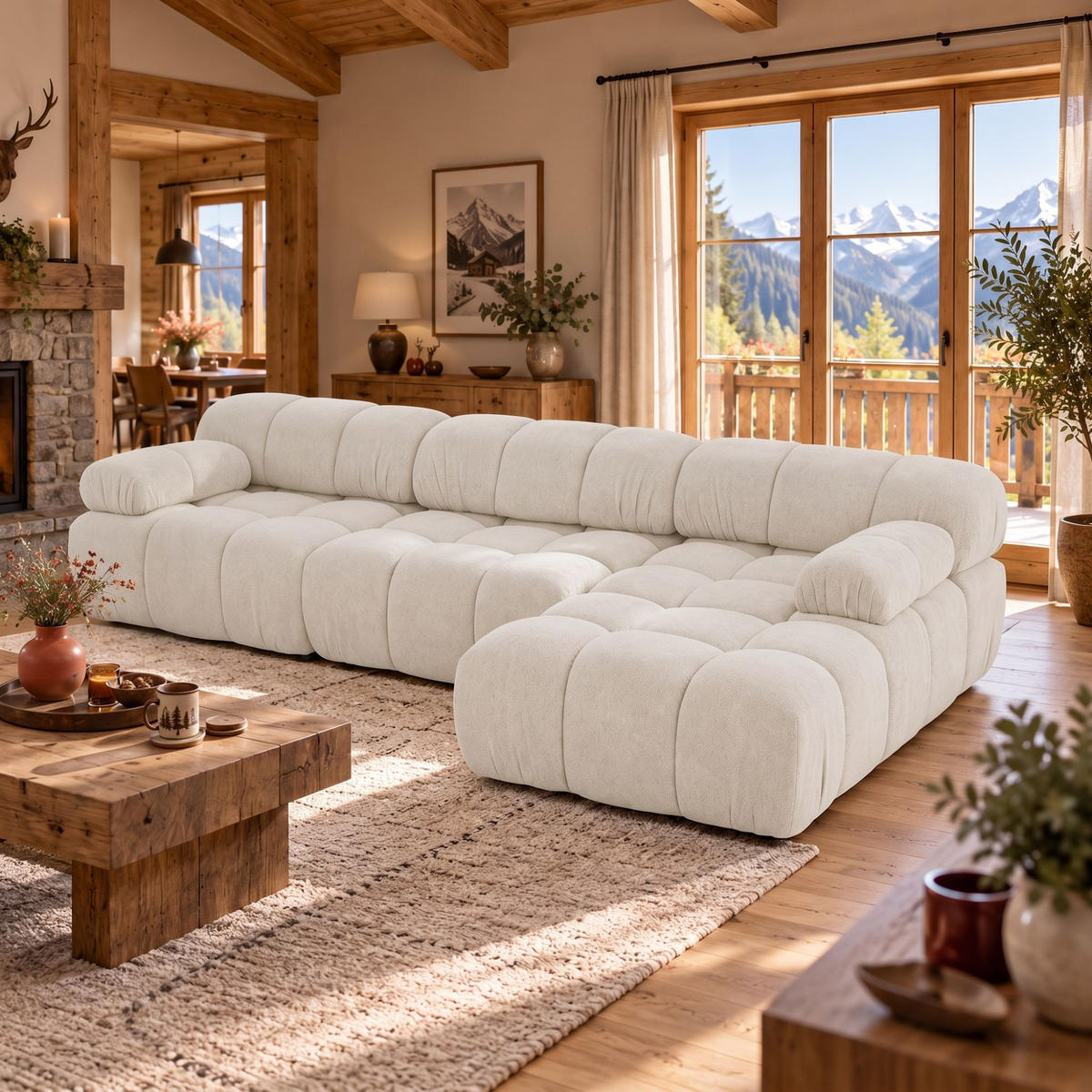 MODULARES Ecksofa MOMENTUM L, Rechts, Breite 282 cm, strukturierter Stoff, Weiß - Chromfarben/Weiß, Holz/Textil (155/282cm) - Muffo