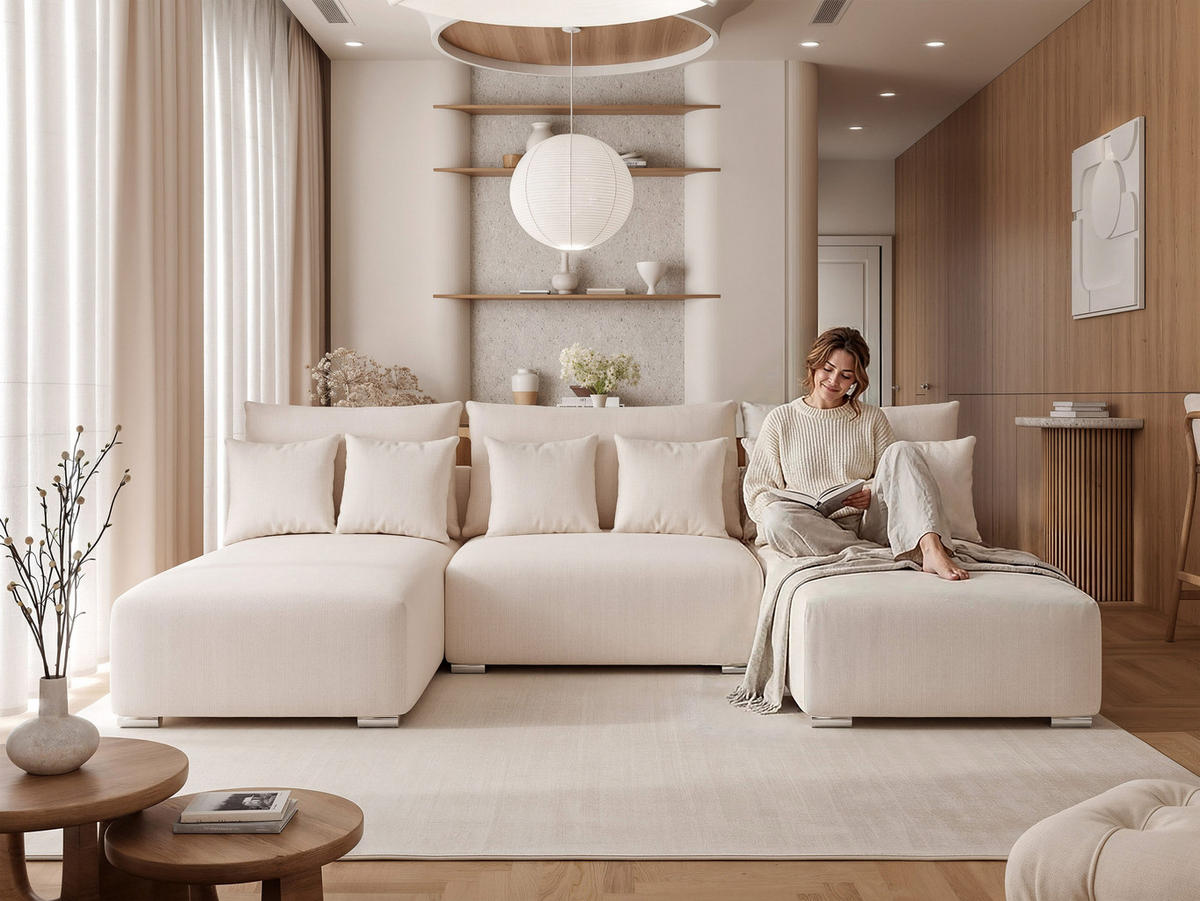 WOHNLANDSCHAFT ELVO mit Schlaffunktion und Bettkasten Creme - Creme, Holzwerkstoff/Kunststoff (300/91/190cm) - Idohome
