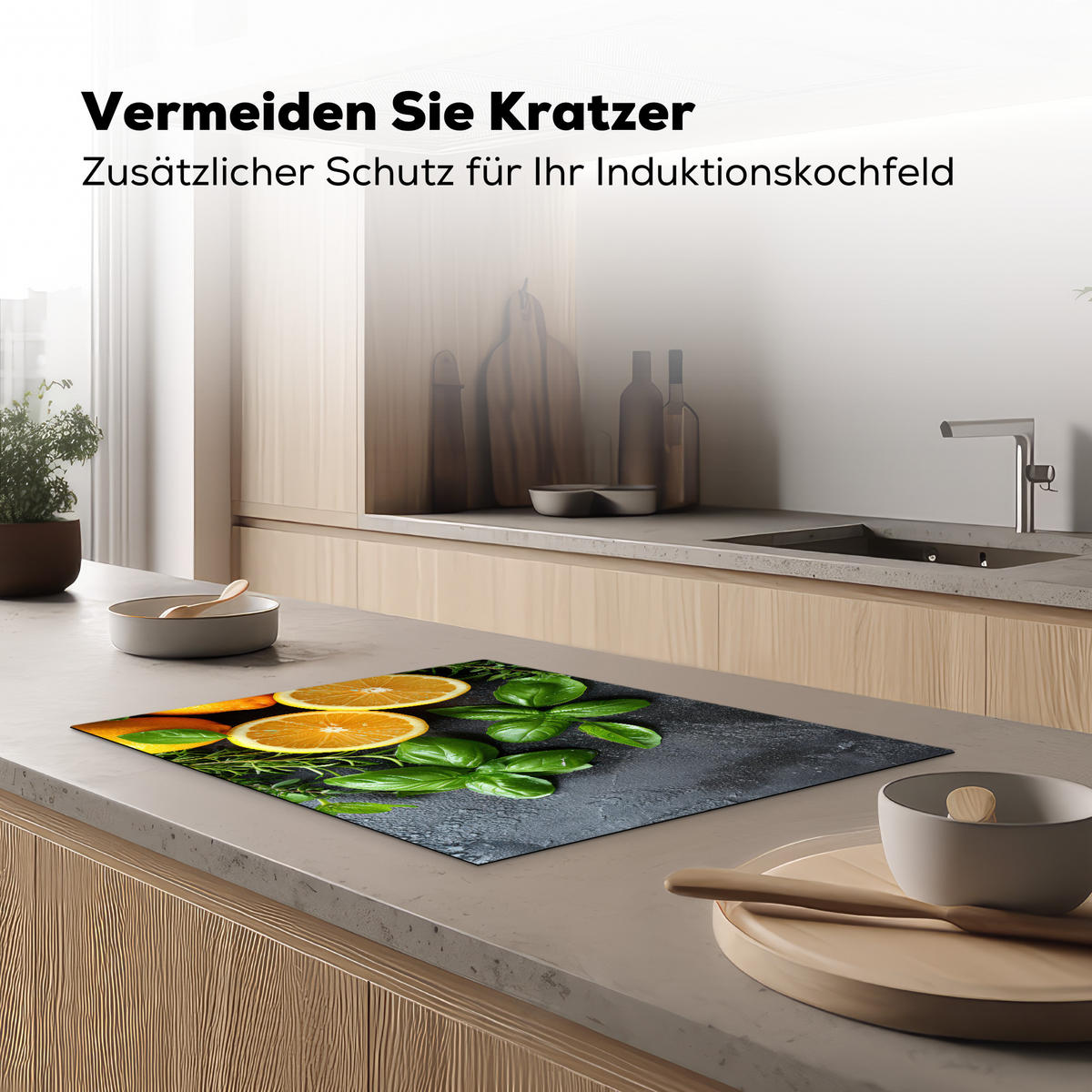 HERDABDECKPLATTE Obst - Grau - Konkret - Orange - Pflanzen Induktionsmatte 71x52 cm - Anthrazit, Kunststoff (71/52/0.2cm) - MuchoWow