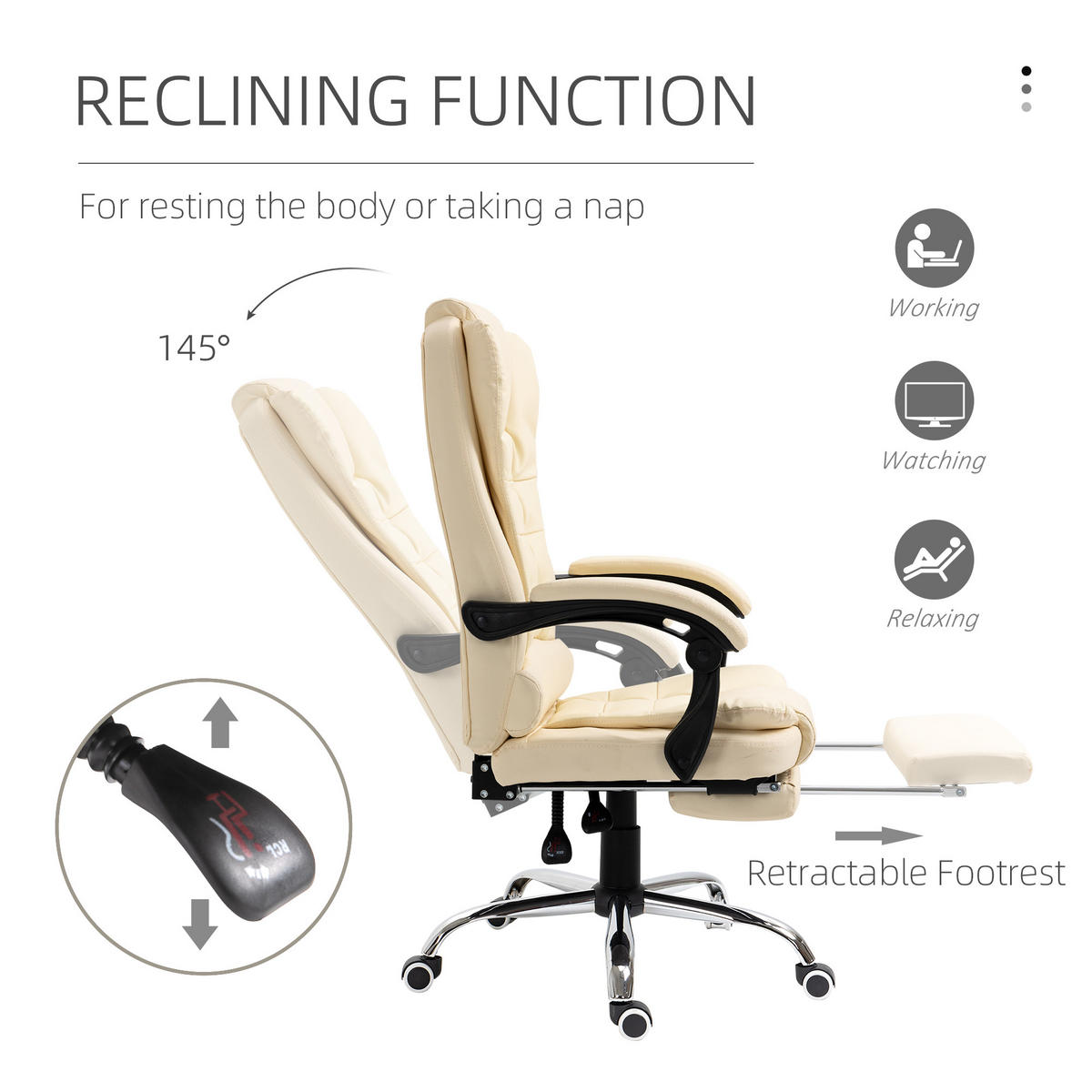 CHEFSESSEL Bürostuhl mit Fußstütze, Schreibtischstuhl mit Neigefunktion Creme - Creme, Leder (69/117/64.5cm) - HOMCOM