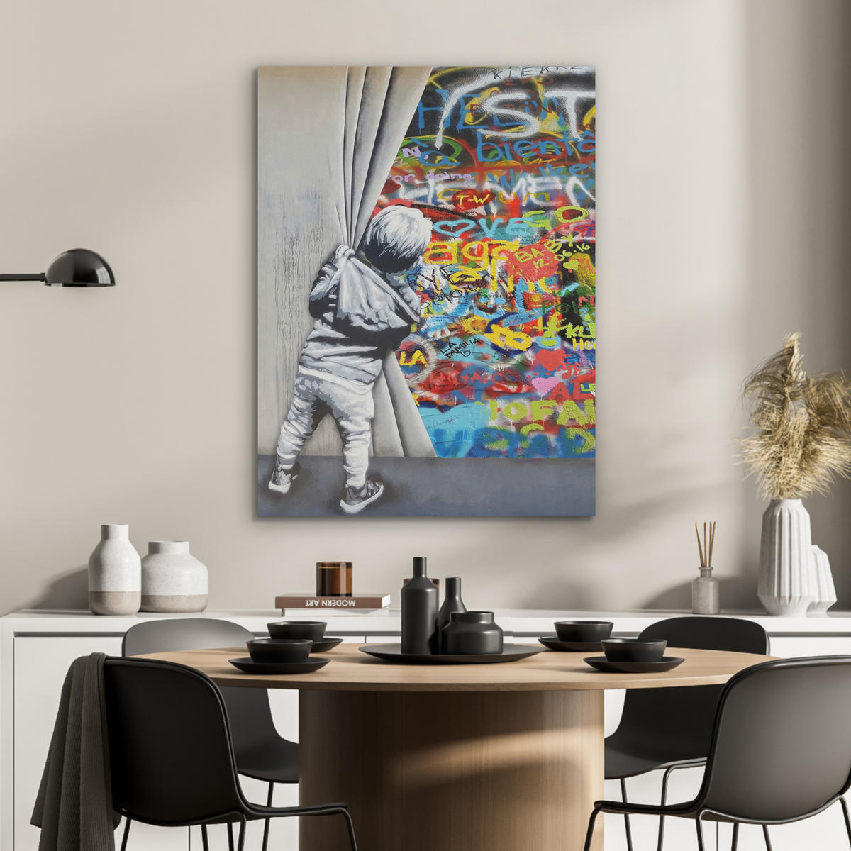 AKUSTIKBILD Graffiti - Junge - Ilussie - Straßenkunst Wandbilder 60x80 cm - Hellgrau, Textil (60/80/0.9cm) - MuchoWow