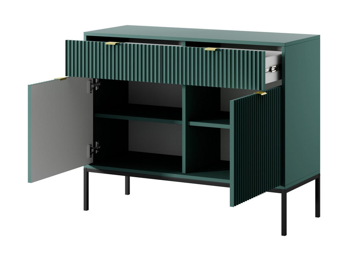 SIDEBOARD Eternas 2T 2S Grün 104/83/39 cm – schwarze Füße, mit geriffelten Fronten - Schwarz/Grün, Holzwerkstoff (104/83/39cm) - AX Living