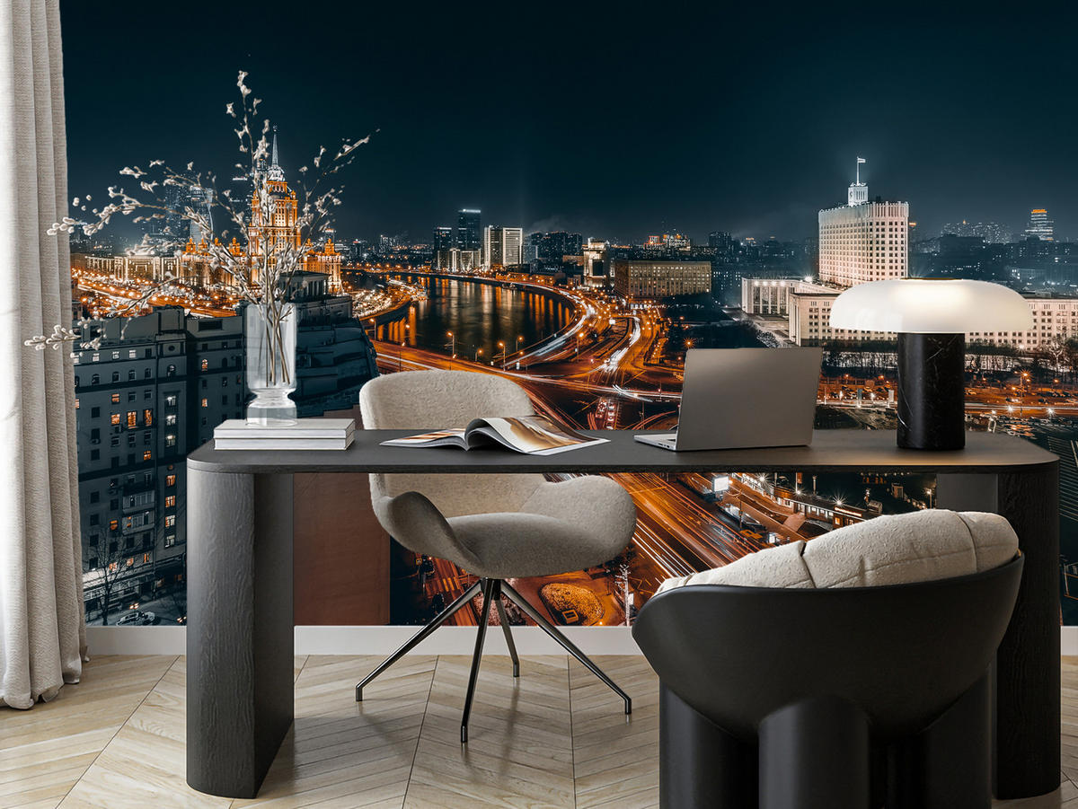 FOTOTAPETE für Wohnzimmer Moskau Nacht Panorama Metropole Straßen 200x140 - Beige/Schwarz, Papier (200/140cm) - Muralo