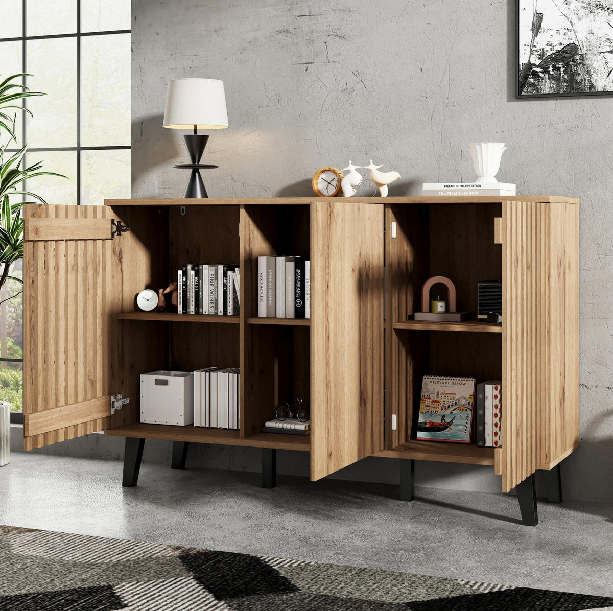 SADA TV stolku a komody z dřevotřísky 180x40x55/150x40x95 cm v dekoru přírodního dřeva s úložným prostorem - světle hnědá, kompozitní dřevo (180/55/40cm) - Modfu