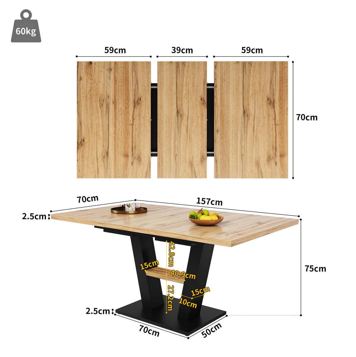 ESSTISCH aus MDF und Metall 118-157x70x75 cm Schwarz/Natur ausziehbar mit Nivellierfüßen - Naturfarben, Holzwerkstoff (157/70/75cm) - Modfu