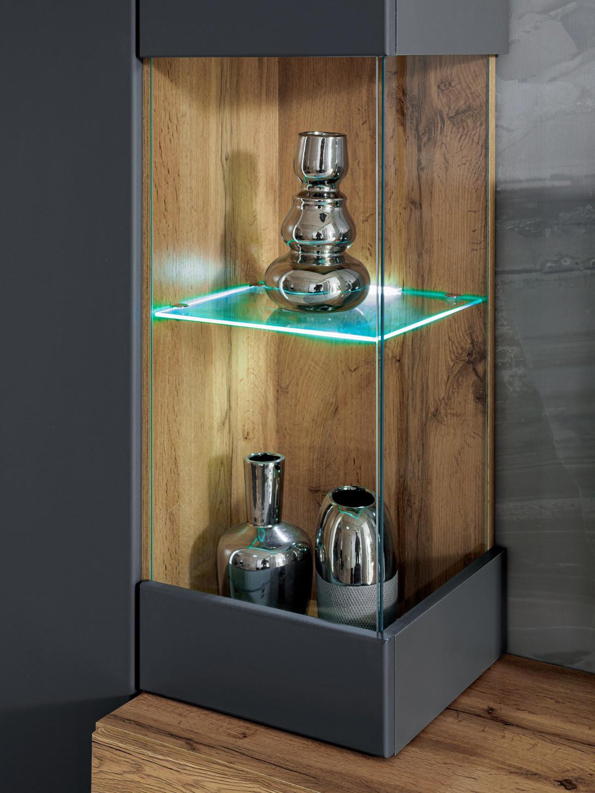 WOHNWAND anthrazit, Eiche Wotan 2-teilig 210 cm hängend, Komplettset mit LED und Push-to-Open - Anthrazit/Eiche Wotan, Glas/Holzwerkstoff (210/160/40cm) - Furn.Design