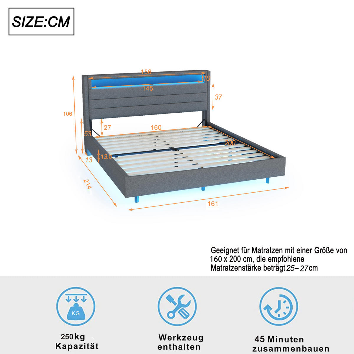ČALÚNENÁ posteľ z ľanovej tkaniny 160x200 cm sivá s USB portom, LED osvetlením a úložným čelom - sivá, textil (160/200cm) - Modfu