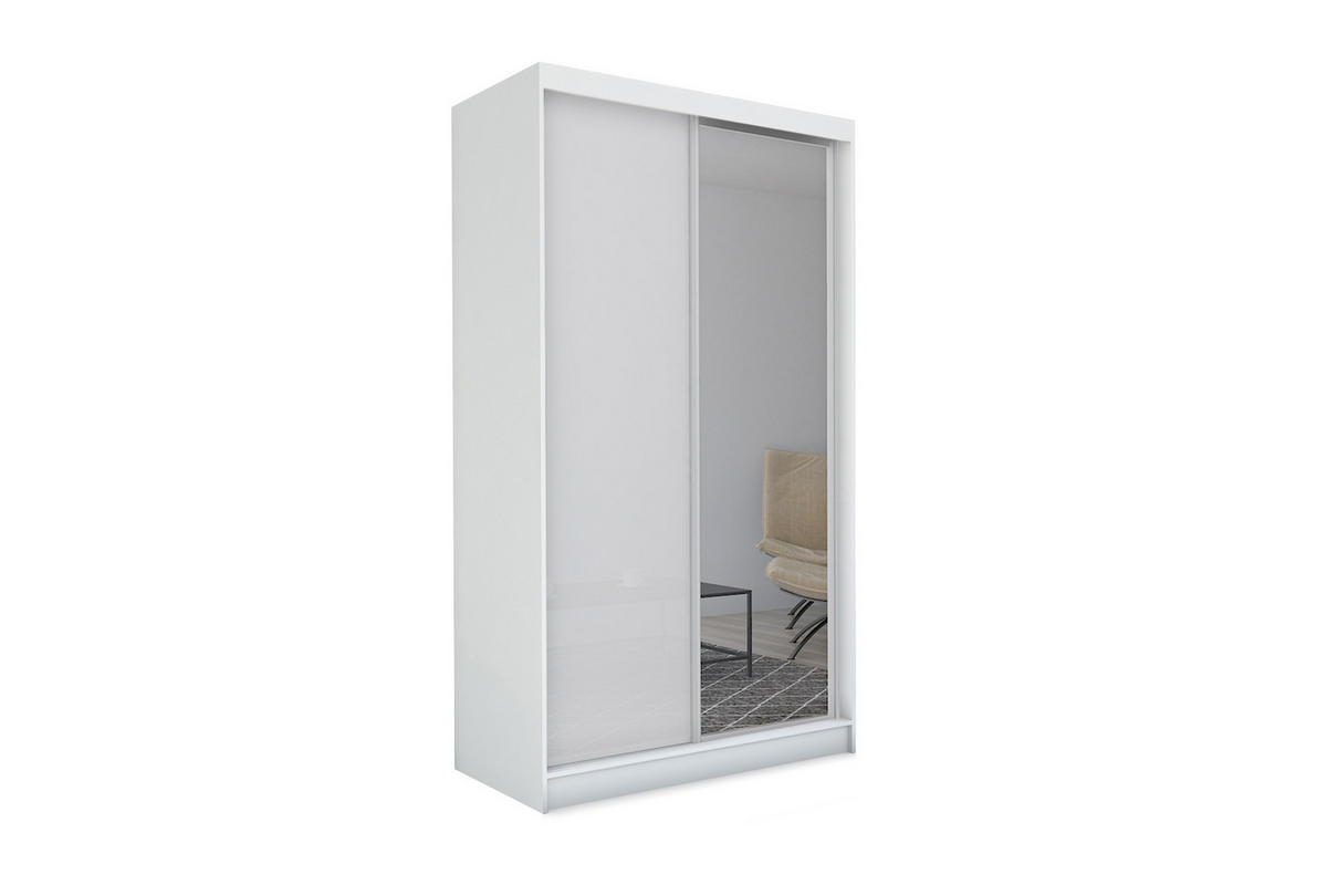 KLEIDERSCHRANK mit Spiegel-Schiebetüren und Aluminium-Leisten, LED-Beleuchtung - PARTI - 150 cm Weiß - Weiß, Holzwerkstoff (150/216/61cm) - ALTDECOR