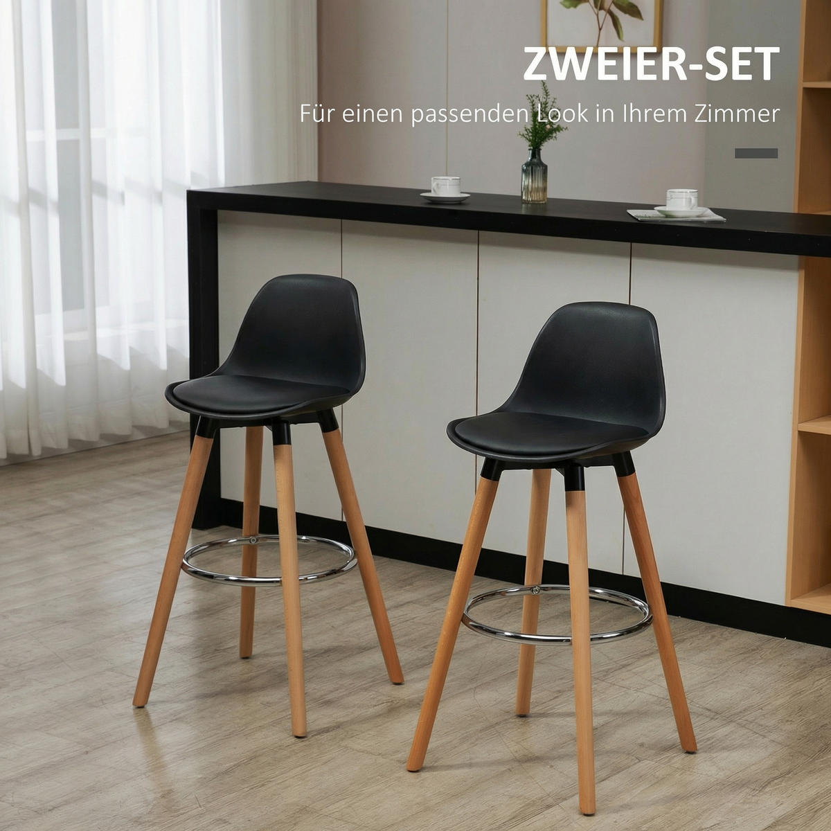 BARHOCKER-SET 2 TLG. Natur, Schwarz 43/43/91 cm - Buchefarben/Schwarz, Kunststoff/Buchenholz (43/91/43cm) - HOMCOM