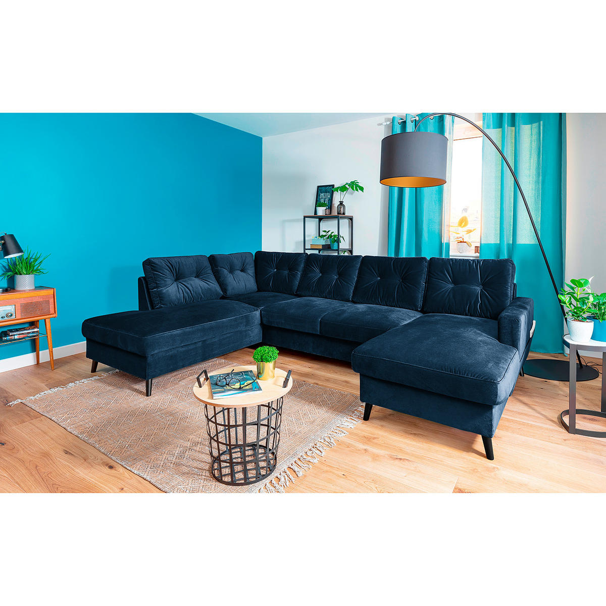 WOHNLANDSCHAFT mit Longchair - Schwarz/Dunkelblau, Textil (297/90/200cm) - home24