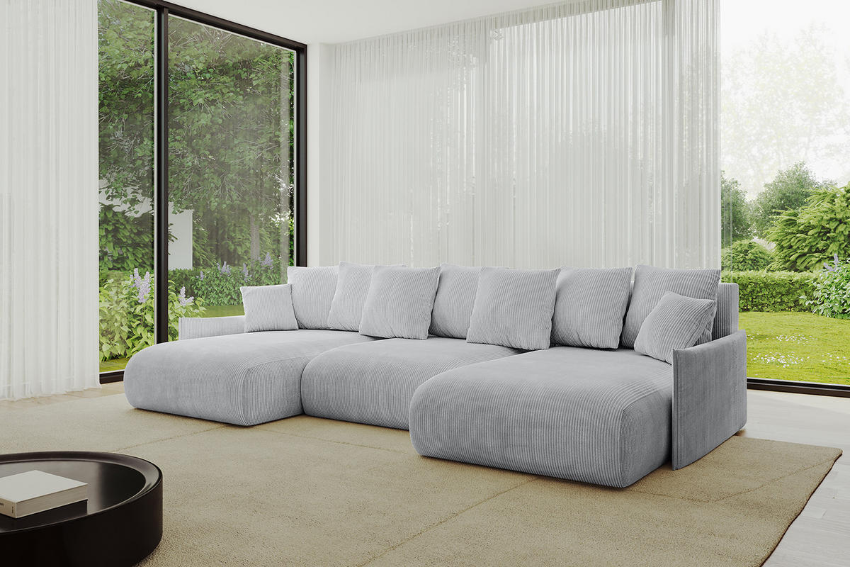 WOHNLANDSCHAFT mit Schlaffunktion und Bettkasten ONESK-U-v1 304x165x40 Grau Cord - Grau, Holzwerkstoff/Kunststoff (304/90/165cm) - ALTDECOR