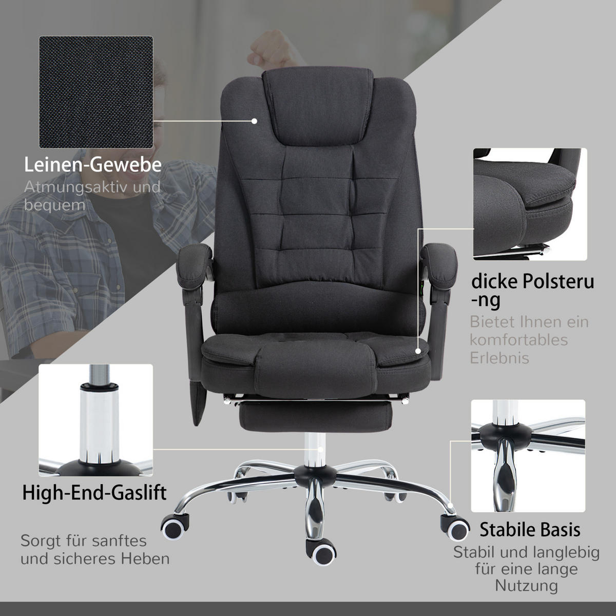 DREHSTUHL 65/70/111-119 cm schwarz aus Stoff mit Massagefunktion - Schwarz, Textil (70/119/65cm) - OKWISH