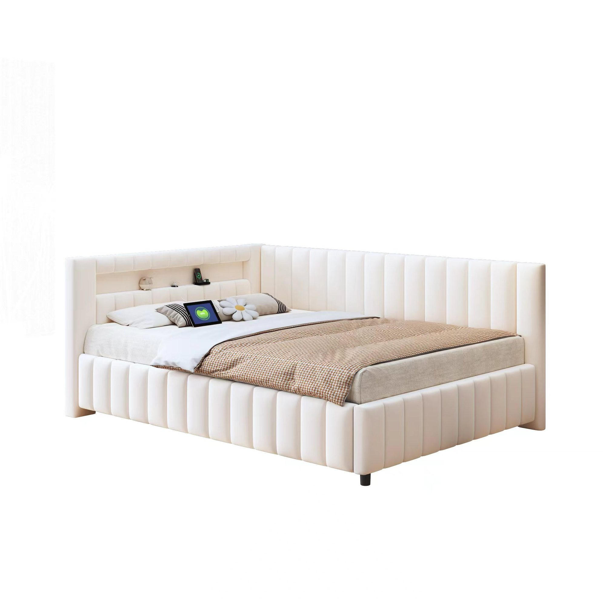 POLSTERBETT 140/200 cm aus Samt mit LED-Beleuchtung und USB-Anschluss - Beige, Textil (140/200cm) - Flora Grace