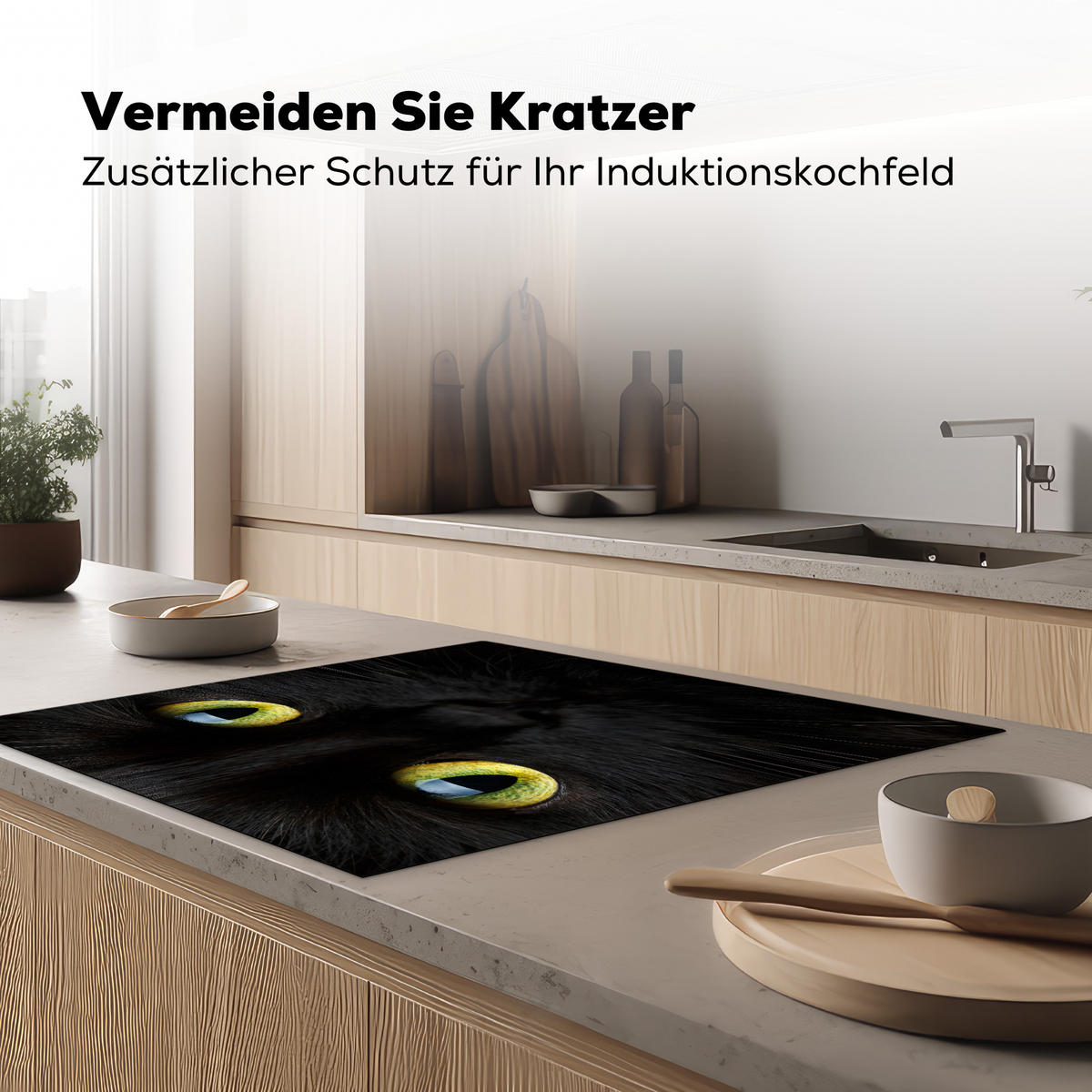 HERDABDECKPLATTE Katze - Augen - Gelb - Schwarz Induktionsmatte 78x78 cm - Schwarz, Kunststoff (78/78/0.2cm) - MuchoWow