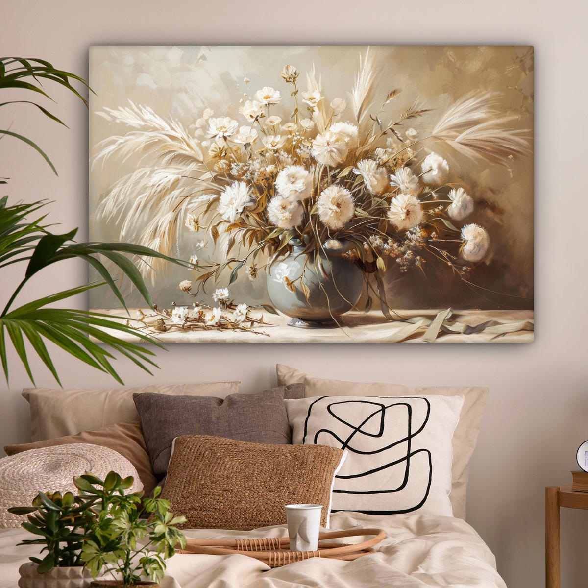 LEINWANDBILD Blumen - Vase - Stilleben - Beige Wohnzimmer Groß 120x80 cm - Creme, Textil (120/80cm) - MuchoWow