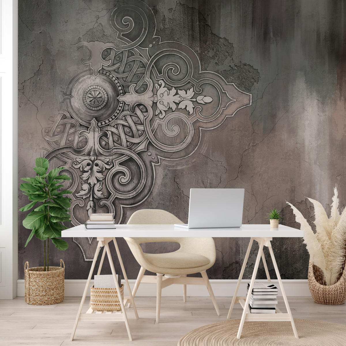 FOTOTAPETE für Wohnzimmer Retro Ornament Betonwand 250x175 - Schwarz/Braun, Papier (250/175cm) - Muralo