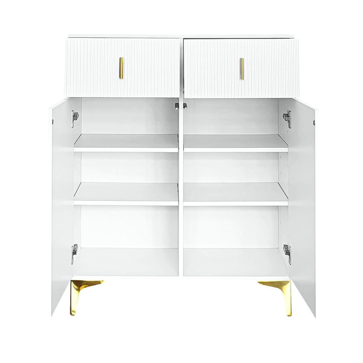 IN Weiß Schuhschrank mit Strukturpaneelen, verstellbaren Einlegeböden und Schubladen , B83/T35/H101cm - Goldfarben/Weiß, Holzwerkstoff/Metall (82/101/35cm) - STILVORA