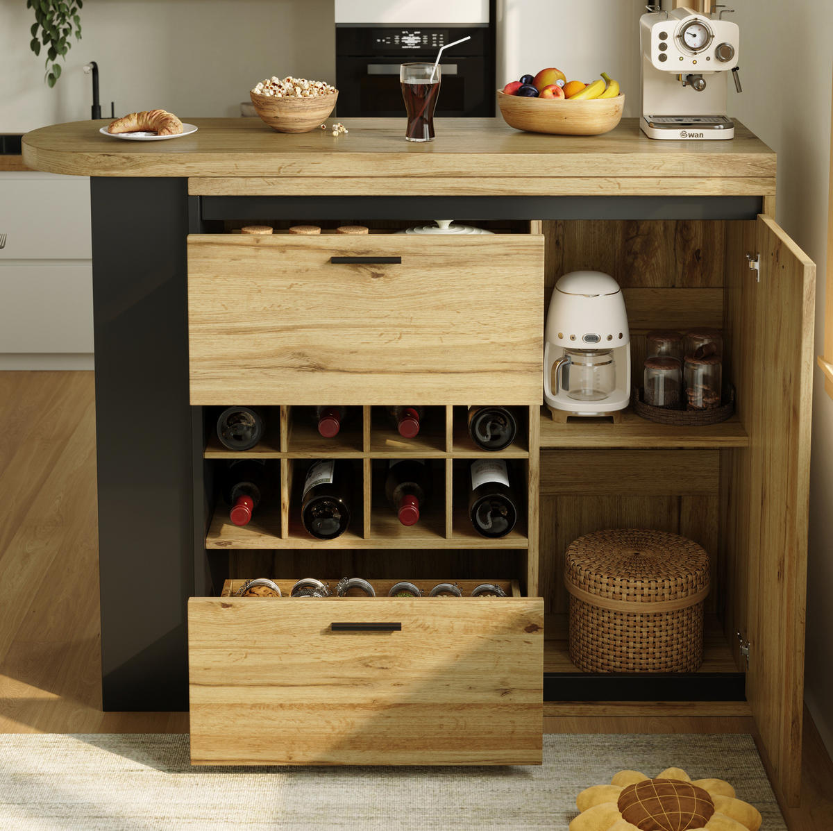 ESSTISCH aus MDF und Metall 138-220x39x105 cm Holzfarben ausziehbar mit 2 Schubladen, Weinregal und offenen Fächern - Naturfarben, Holzwerkstoff (138/39/105cm) - Modfu