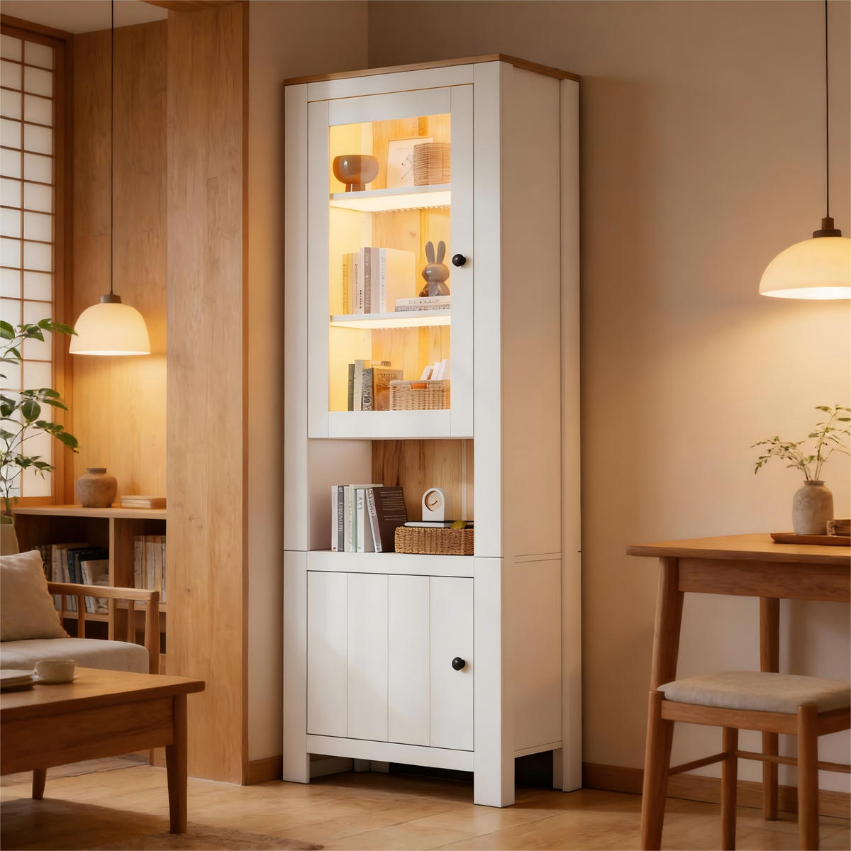 VITRINE weiß mit Glastür, verstellbaren Einlegeböden und App-gesteuerter LED-Beleuchtung 70 × 40 × 188 cm aus Spanplatte und Glas - Weiß, Holzwerkstoff (70/188/400cm) - Luhomfu