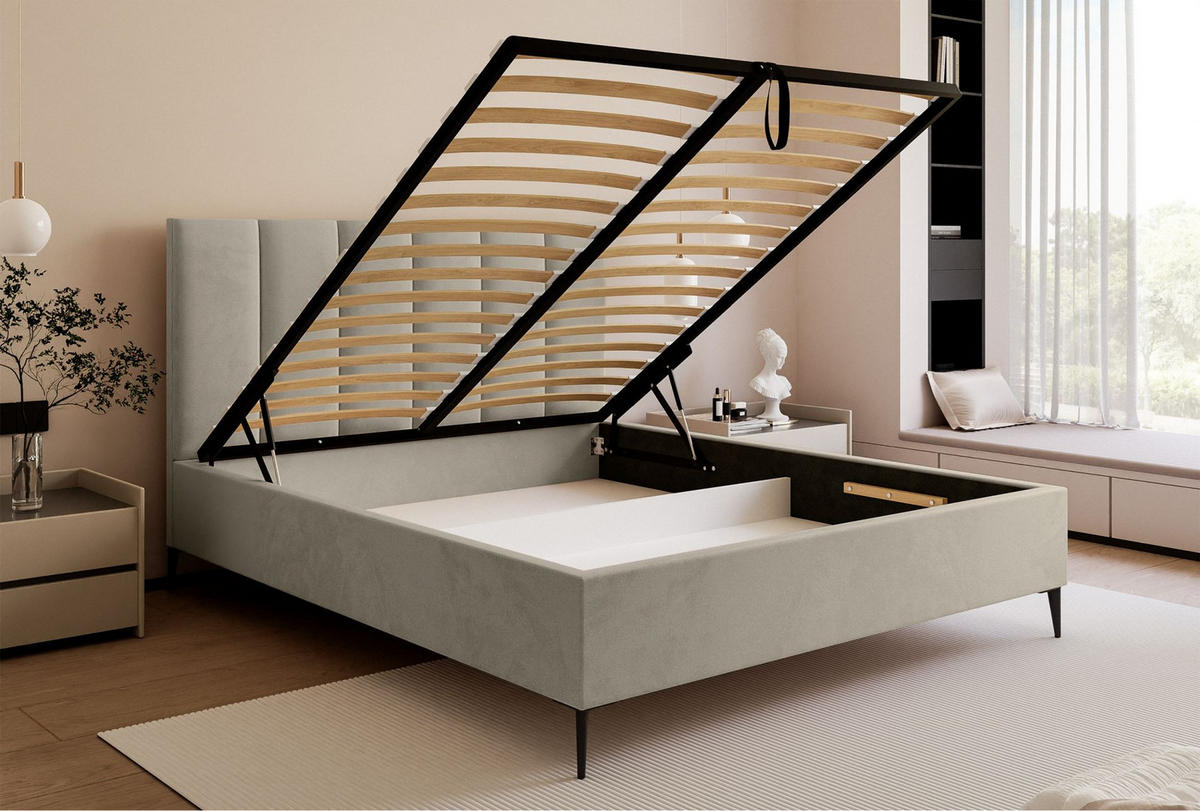 POLSTERBETT Masego Hellbeige mit Metallbeinen, Velours, 180x200 cm - Ecru/Schwarz, Textil/Metall (180/200cm) - Selsey