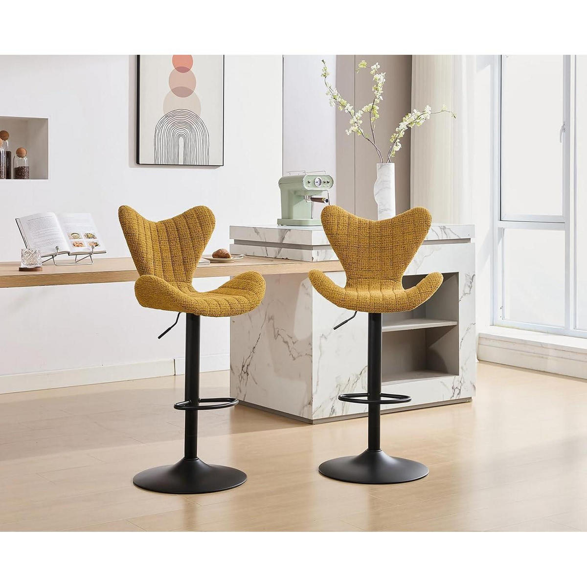 BARHOCKER 4er Set Chenille Gelb höhenverstellbar mit Lehne - Gelb, Textil (54/116/51cm)