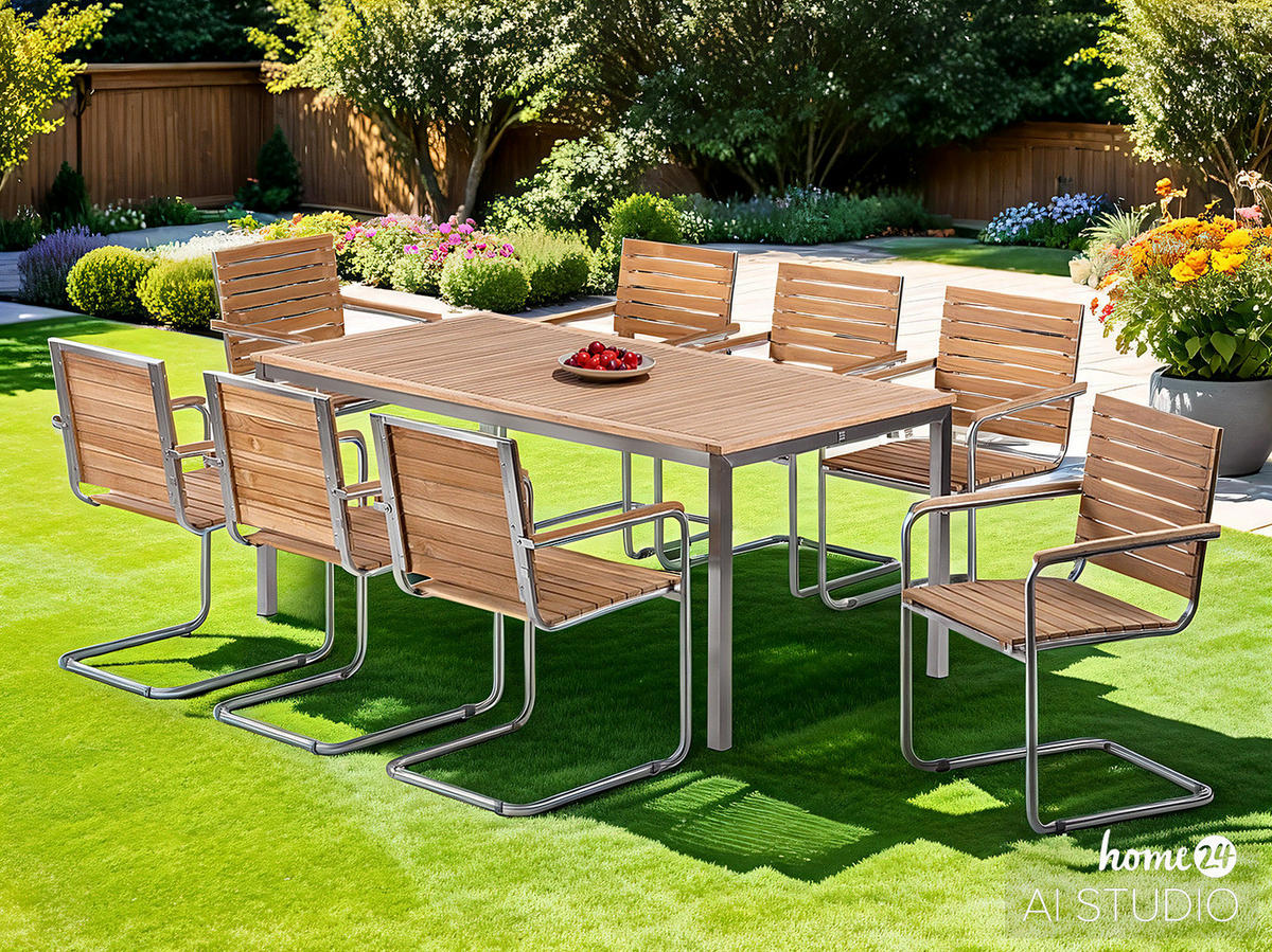 ESSGRUPPE - Teak massiv / Edelstahl - 9-teilig - Silberfarben/Braun, Holz/Metall - home24