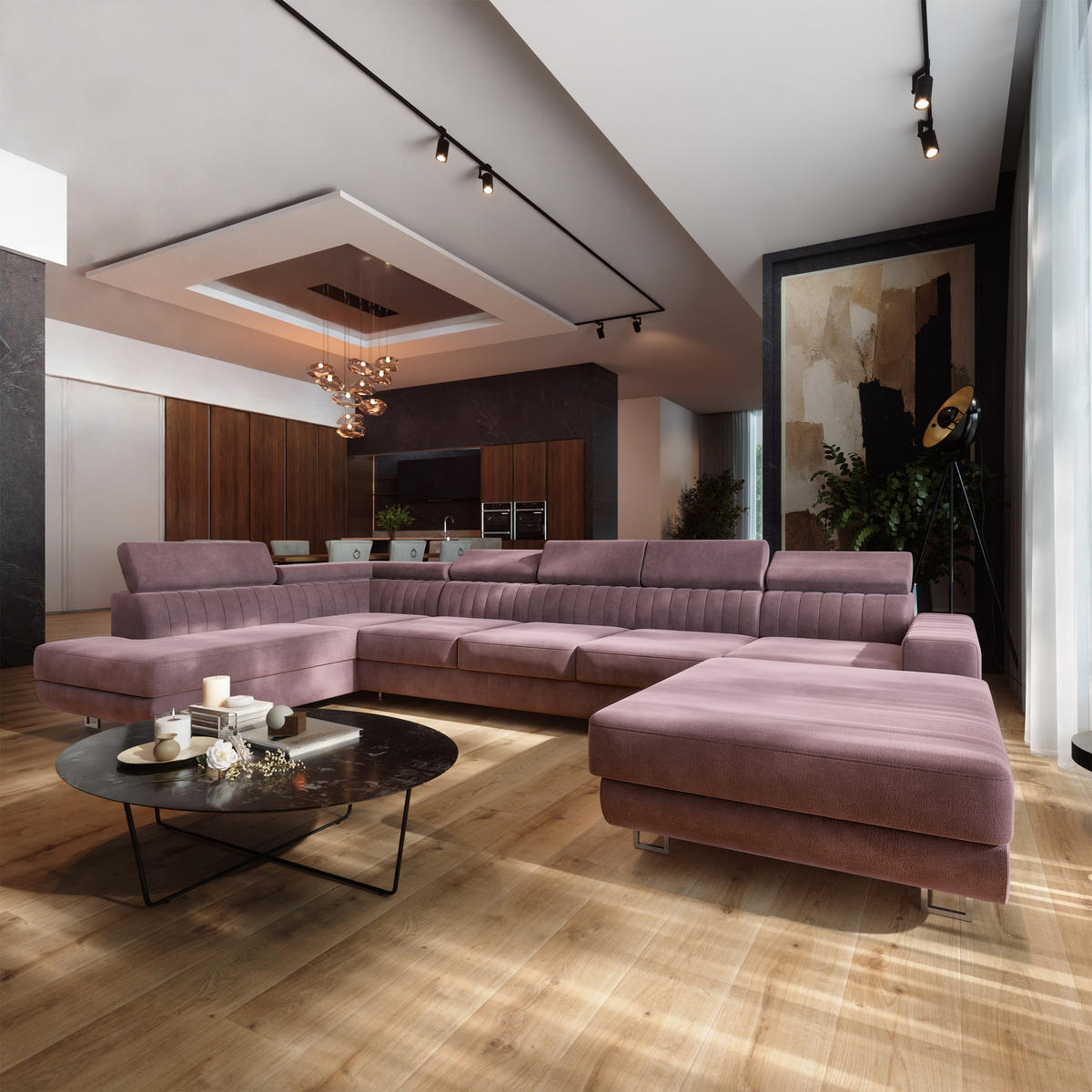 WOHNLANDSCHAFT GAIAN Lila Velours-Stoff mit Schlaffunktion - Lila, Holz (412/88/190cm) - MASSENO
