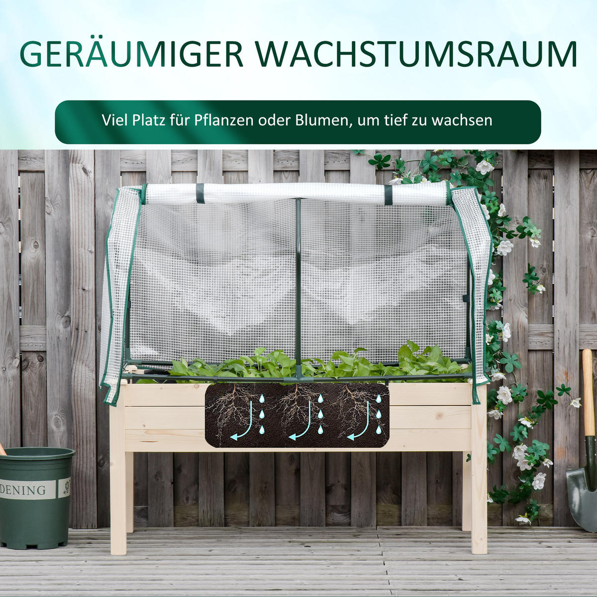 HOCHBEET Frühbeet mit Gewächshaus, Blumenkasten für Garten, Balkon, Tannenholz, Natur - Fichtefarben, Holz/Kunststoff (55/117/121cm) - Outsunny