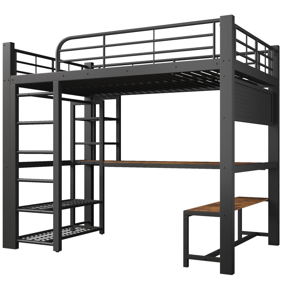 HOCHBETT 140/200 cm mit LED-Beleuchtung, Schreibtisch, Ablagen und Kleiderstange, Schwarz - Schwarz, Metall (140/200cm) - Redom