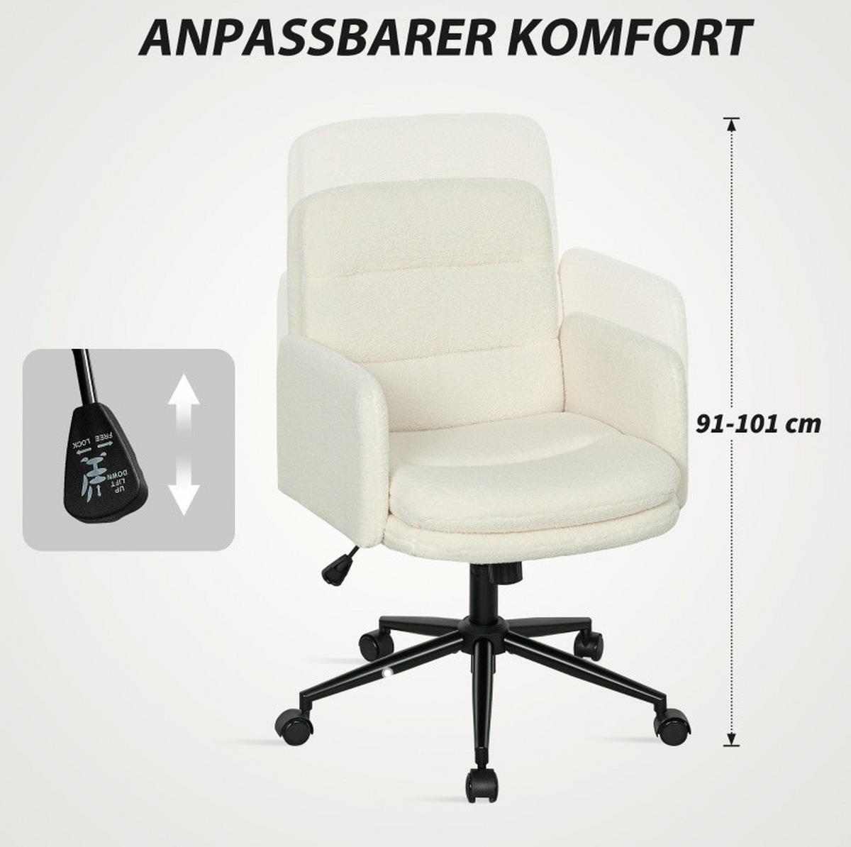 BÜROSTUHL in Cremeweiß 61,5x65x101 cm mit Kippfunktion, höhenverstellbar und drehbar - Creme, Textil (65/101/61.5cm) - IVMEU