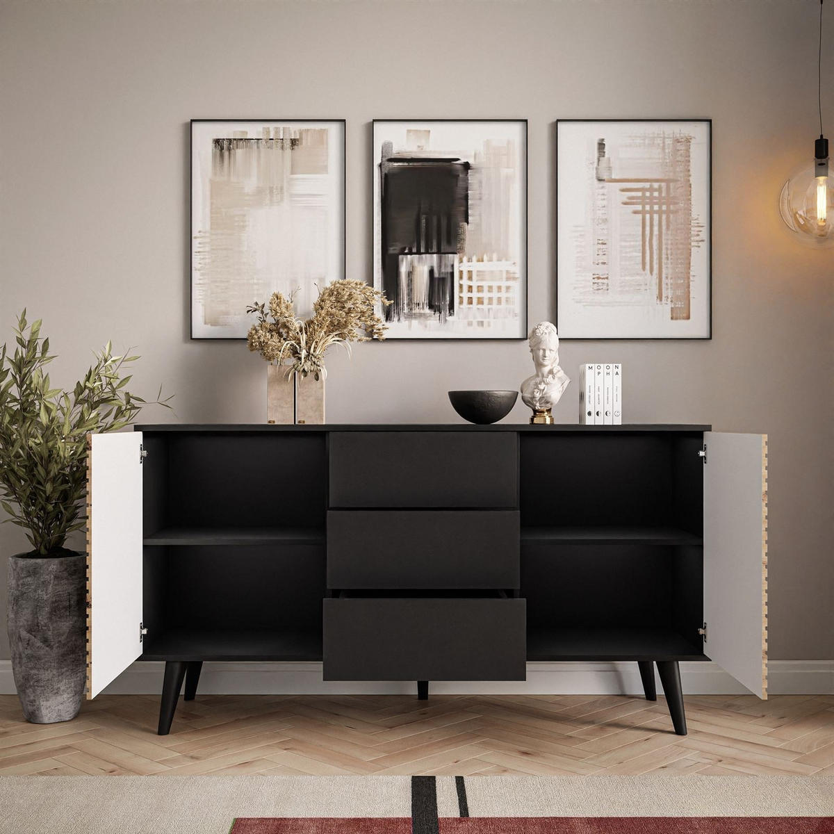 KOMMODE CONE KSZ154 - Eichefarben/Schwarz, Holzwerkstoff (154/83/39cm) - Lookway