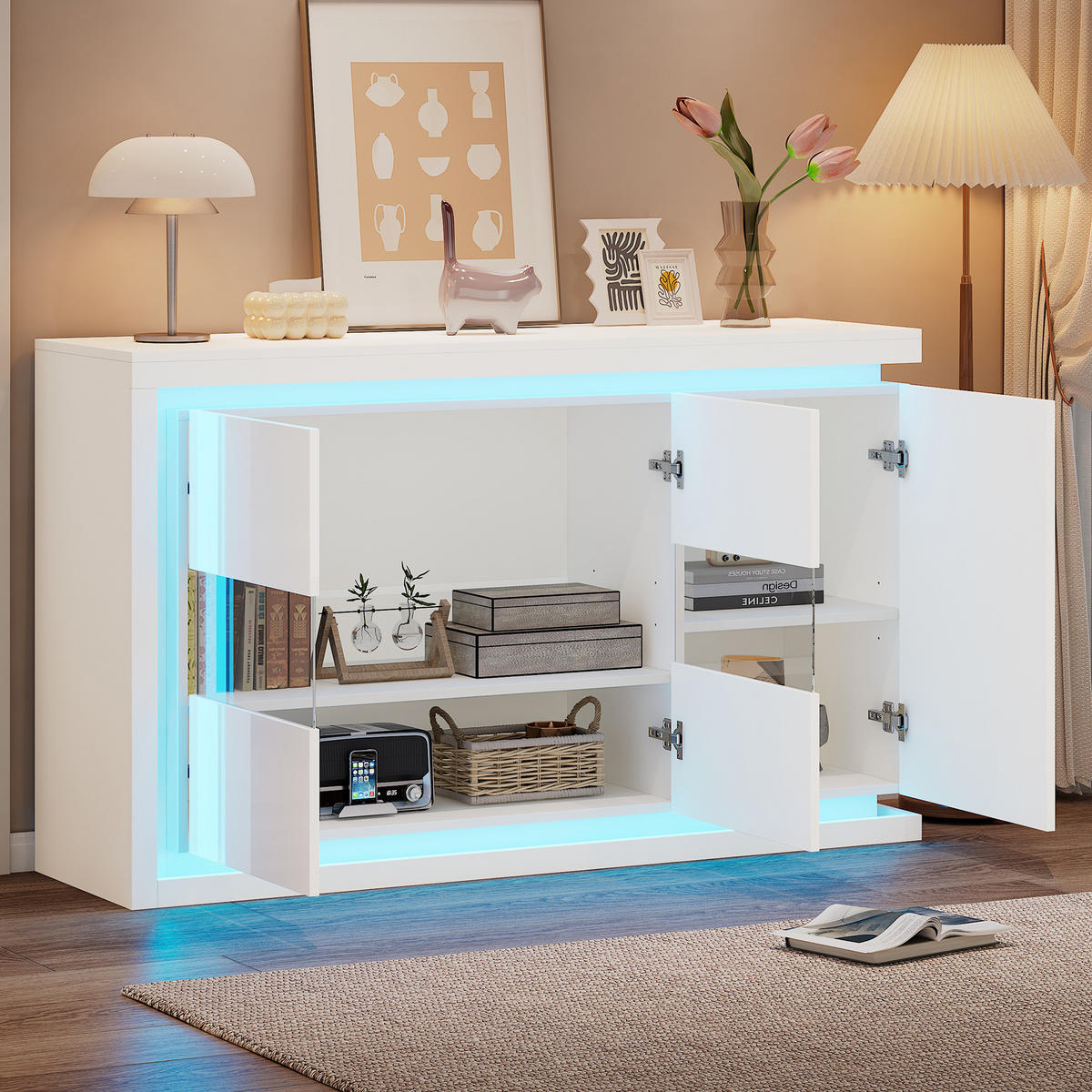 SIDEBOARD 140/40/84 cm Weiß aus Spanplatte mit LED-Lichtleiste - Weiß, Holzwerkstoff (40/84/140cm) - OKMYHOME