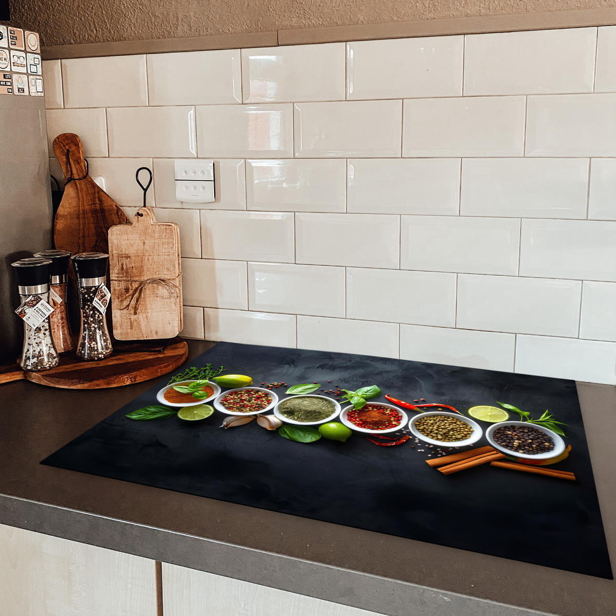 HERDABDECKPLATTE Kräuter - Gewürze - Konkrete Optik - Stilleben Herdabdeckung Induktionsfeld 75x52 cm - Multicolor, Kunststoff (75/52/0.2cm) - MuchoWow