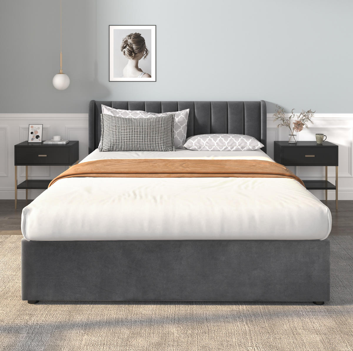 POLSTERBETT aus Samt 160x200 cm Grau mit Lattenrost, hohem Kopfteil und 2 Schubladen - Grau, Textil (160/200cm) - IVMEU