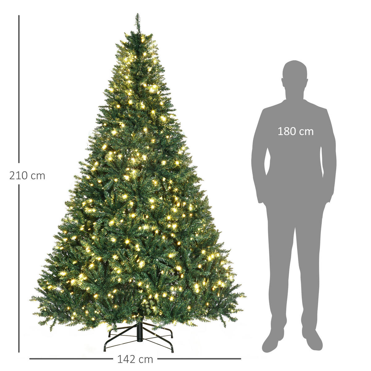 KÜNSTLICHER Weihnachtsbaum, 210 cm Christbaum mit 2154 Spitzen, 700 LED-Leuchte - Grün, Kunststoff (210cm) - HOMCOM