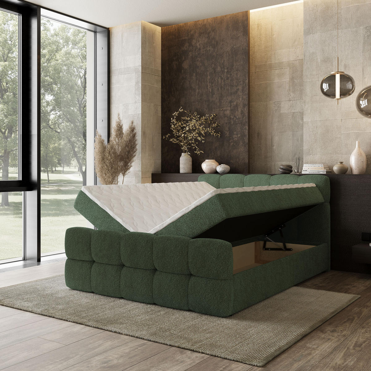 BOXBETT BRUME 160x200 cm mit Matratze und Topper, H2+H3 - Grün - Grün, Holz (160/200cm) - MASSENO